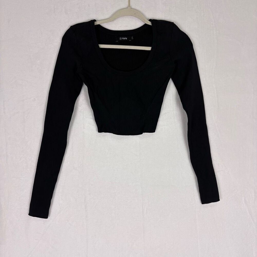 Cuts Black Ribbed Scoop Neck Cropped Long Sleeve‎ Top Size Small